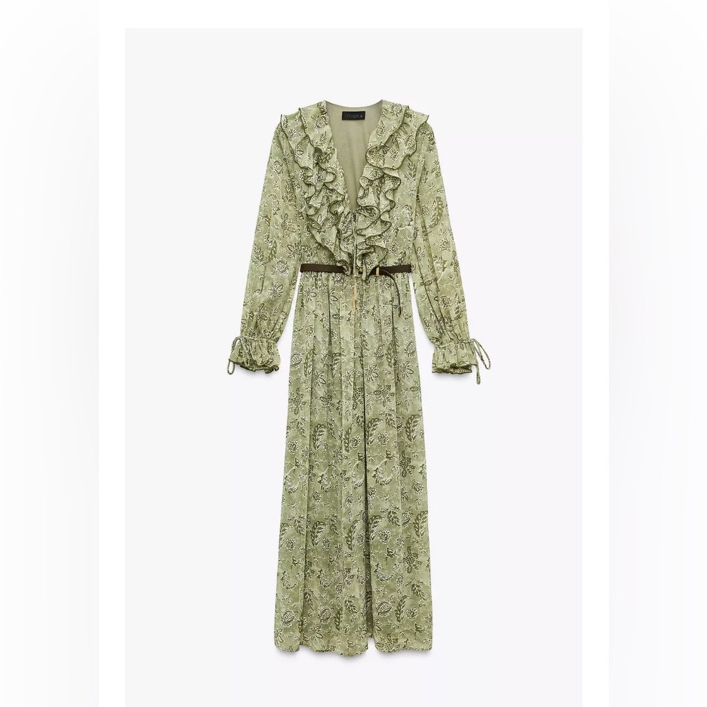 RUFFLED PRINT MAXI DRESS. GREEN COLOR. Size Small